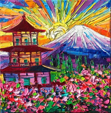 Painting titled "Fuji sunset" by Vanya Georgieva, Original Artwork, Oil Mounted on Wood Stretcher frame