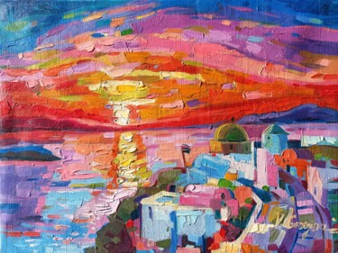 Painting titled "Santorini sunset" by Vanya Georgieva, Original Artwork, Oil Mounted on Wood Stretcher frame