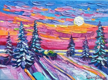 Painting titled "Winter sunset" by Vanya Georgieva, Original Artwork, Oil Mounted on Wood Stretcher frame