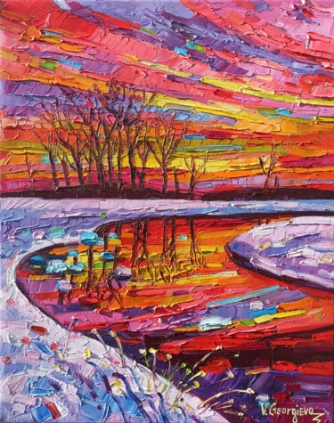 Painting titled "Winter reflections" by Vanya Georgieva, Original Artwork, Oil Mounted on Wood Stretcher frame