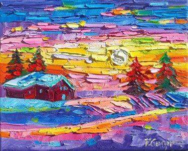 Ζωγραφική με τίτλο "Little Winter sunset" από Vanya Georgieva, Αυθεντικά έργα τέχνης, Λάδι Τοποθετήθηκε στο Ξύλινο φορείο σκ…