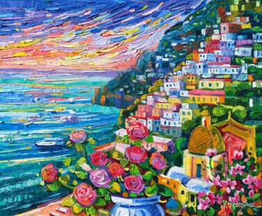 Painting titled "Positano sunset 2" by Vanya Georgieva, Original Artwork, Oil Mounted on Wood Stretcher frame