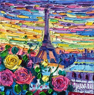 Schilderij getiteld "Roses in Paris 2" door Vanya Georgieva, Origineel Kunstwerk, Olie Gemonteerd op Frame voor houten branc…