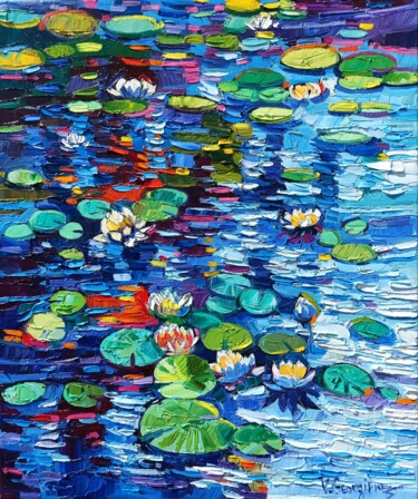 Painting titled "Water lillies rifle…" by Vanya Georgieva, Original Artwork, Oil Mounted on Wood Stretcher frame