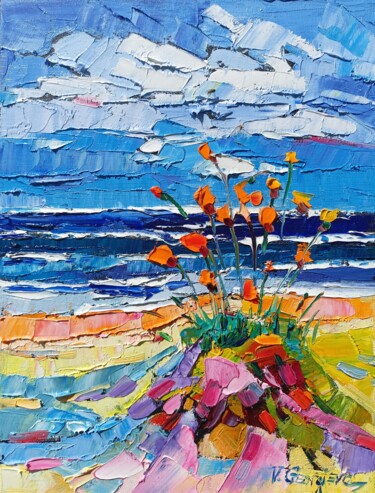 Painting titled "Poppies on the coast" by Vanya Georgieva, Original Artwork, Oil Mounted on Wood Stretcher frame