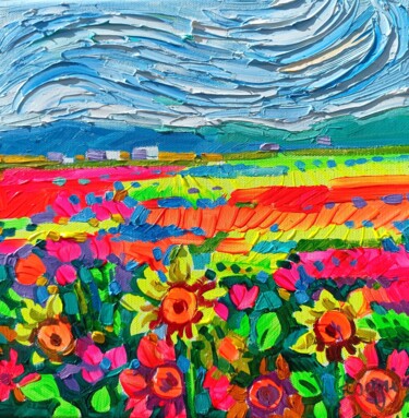 Schilderij getiteld "Sunny fields 6" door Vanya Georgieva, Origineel Kunstwerk, Olie Gemonteerd op Frame voor houten brancard
