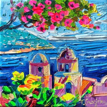 Painting titled "Amalfi coast" by Vanya Georgieva, Original Artwork, Oil Mounted on Wood Stretcher frame