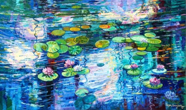 Painting titled "Water lilies reflec…" by Vanya Georgieva, Original Artwork, Oil Mounted on Wood Stretcher frame
