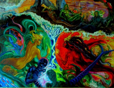 Peinture intitulée "Бой русалок" par Varu Kadis, Œuvre d'art originale, Huile Monté sur Châssis en bois