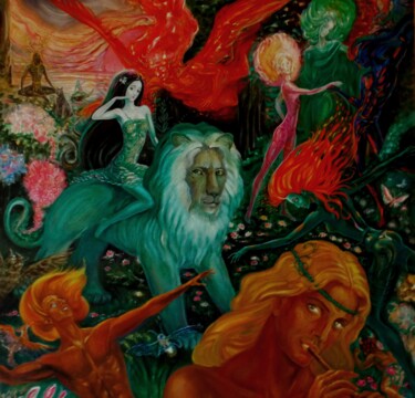 Картина под названием "Прибытие феи Ручеёк" - Varu Kadis, Подлинное произведение искусства, Масло Установлен на Деревянная р…
