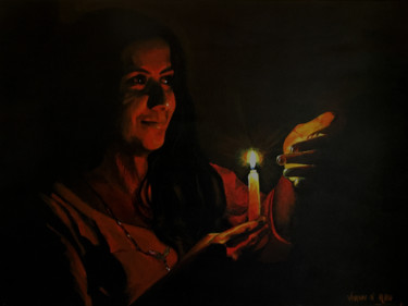 Painting titled "Girl with a Candle" by Varun N Rao, Original Artwork, Acrylic