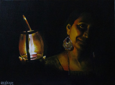 Картина под названием "Girl with a Lantern" - Varun N Rao, Подлинное произведение искусства, Акрил