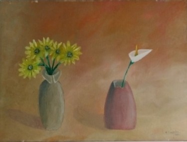 Painting titled "Vases and flowers" by Vasco Fernandes, Original Artwork, Oil Mounted on Other rigid panel