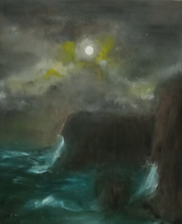 Ζωγραφική με τίτλο "Moon at the rocks" από Vasia Perrou, Αυθεντικά έργα τέχνης, Λάδι