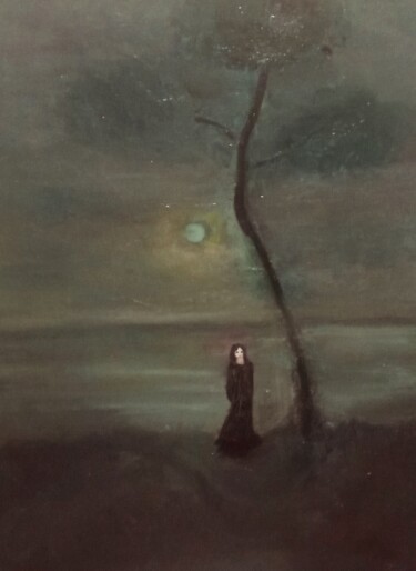 Pittura intitolato "Girl with black dre…" da Vasia Perrou, Opera d'arte originale, Olio