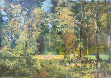 Painting titled "In the park." by Vasil Sumarau, Original Artwork, Oil Mounted on Wood Stretcher frame