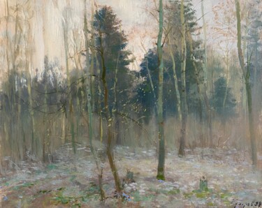 Painting titled "Evening." by Vasil Sumarau, Original Artwork, Oil Mounted on Wood Stretcher frame