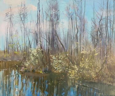 Painting titled "Spring.  Willow blo…" by Vasil Sumarau, Original Artwork, Oil Mounted on Wood Stretcher frame