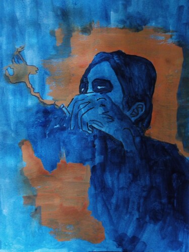 Malerei mit dem Titel "A person smokes in…" von Vasileia Sarri, Original-Kunstwerk, Acryl