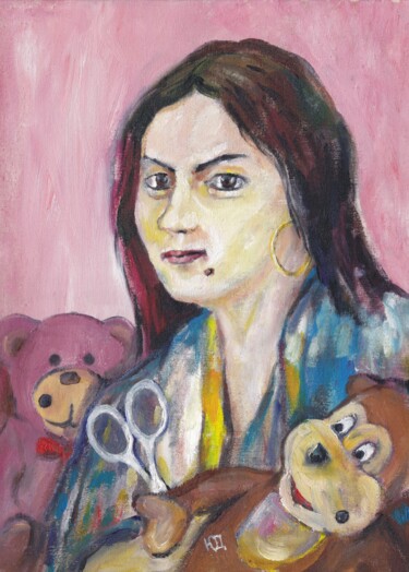 Картина под названием "Цыганка с ножницами" - Василий Юдов, Подлинное произведение искусства, Масло
