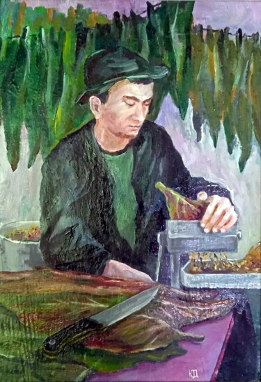 Schilderij getiteld "ЗАГОТОВКА ТАБАКА" door Vasilii Iudov, Origineel Kunstwerk, Olie