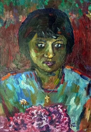 Painting titled "ДЕВУШКА С ПИОНАМИ" by Vasilii Iudov, Original Artwork, Oil