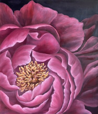 Painting titled "Pink peony" by Vasilisa, Original Artwork, Oil Mounted on Wood Stretcher frame