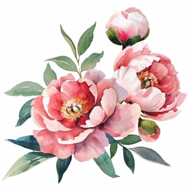 Отпечатки и Гравюры под названием "Pink peonies 1. Ser…" - Vasilisa, Подлинное произведение искусства, Акварель