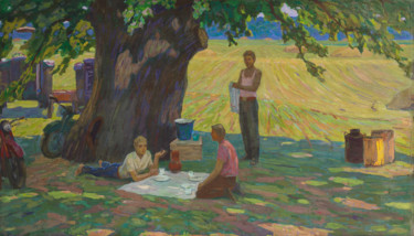 Картина под названием "Haymaking" - Vasiliy Strigin, Подлинное произведение искусства, Масло