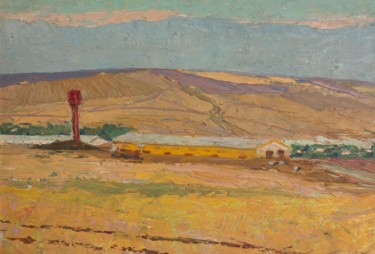 Painting titled "Farm in the evening" by Vasiliy Strigin, Original Artwork, Oil