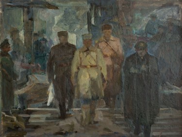 Картина под названием "The negotiators at…" - Vasiliy Strigin, Подлинное произведение искусства, Масло