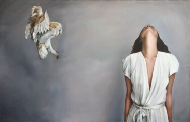 Schilderij getiteld "Owl Landing" door Vasily Luchkiv, Origineel Kunstwerk, Olie