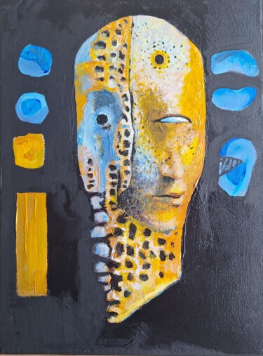 Painting titled "One eyed golden man" by Vasko Delev, Original Artwork, Acrylic Mounted on Wood Stretcher frame