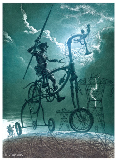 제목이 "Don Quixote"인 판화 Vesselin Vassilev로, 원작, 에칭
