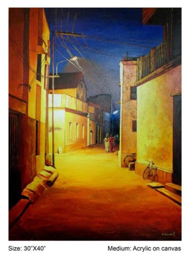 Peinture intitulée "Street at yellow li…" par Vasudev, Œuvre d'art originale, Acrylique
