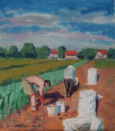 Painting titled "Potato Gatherers 2" by Vasyl, Original Artwork, Oil