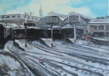 Schilderij getiteld "railroad station" door Vasyl, Origineel Kunstwerk, Olie