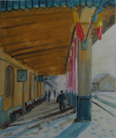 Painting titled "train station" by Vasyl, Original Artwork, Oil