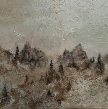 Painting titled "Sapins dans la brume" by Valérie Benedetti, Original Artwork, Acrylic Mounted on Wood Stretcher frame