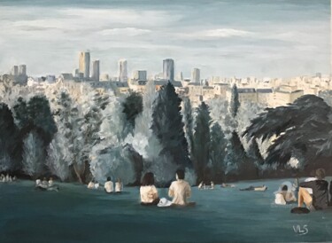 Painting titled "Buttes Chaumont" by Valerie Sandrin, Original Artwork, Oil Mounted on Wood Stretcher frame