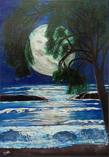 Painting titled "Baie de lune" by Valérie Desmet, Original Artwork, Acrylic Mounted on Wood Stretcher frame