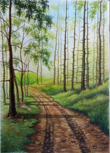 Картина под названием "Дорога в лес" - Анастасия Агишева, Подлинное произведение искусства, Акварель