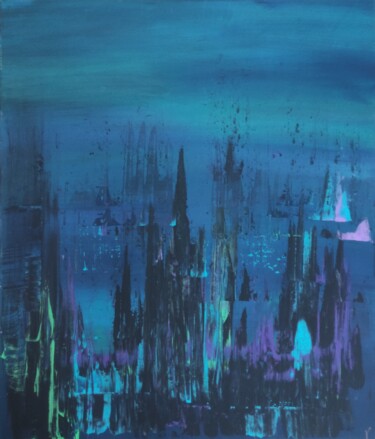 Painting titled ""Good night my town…" by Veartci, Original Artwork, Acrylic Mounted on Wood Panel