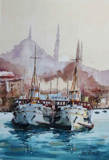 Peinture intitulée "Istanbul Sirkeci" par Vedat Yildiz, Œuvre d'art originale, Aquarelle
