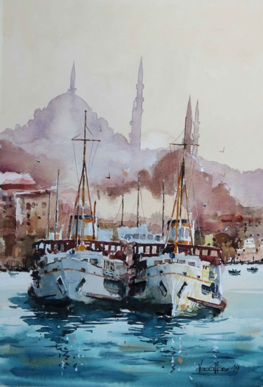 Istanbul Sirkeci Peinture intitulée "Istanbul Sirkeci" par Vedat Yildiz, Œuvre d'art originale, Aquarelle