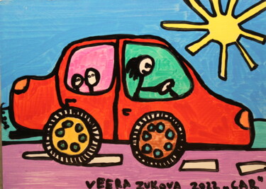 Painting titled "343. Car" by Veera Zukova, Original Artwork, Marker Mounted on Other rigid panel