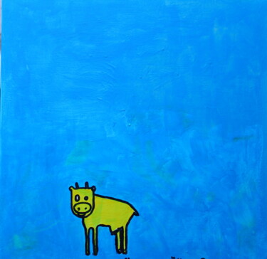 Painting titled "345. Yellow cow" by Veera Zukova, Original Artwork, Acrylic Mounted on Wood Stretcher frame