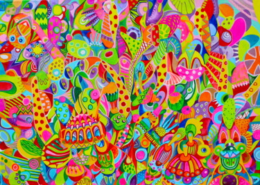 Painting titled "290. Colorful Doodl…" by Veera Zukova, Original Artwork, Acrylic Mounted on Wood Stretcher frame