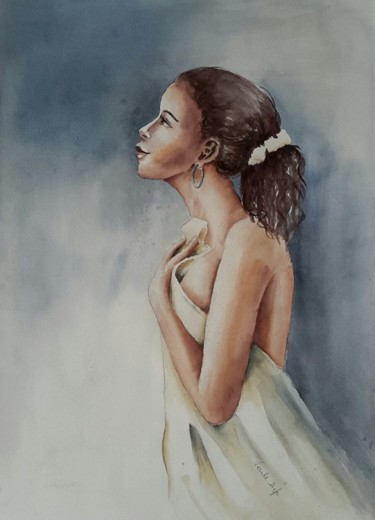Painting titled "golden lady" by Veerle Defer, Original Artwork, Watercolor