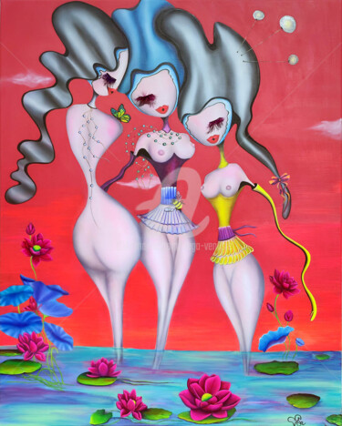 Painting titled "Les Jeux du Bain" by Véga Vénusie, Original Artwork, Acrylic Mounted on Wood Stretcher frame